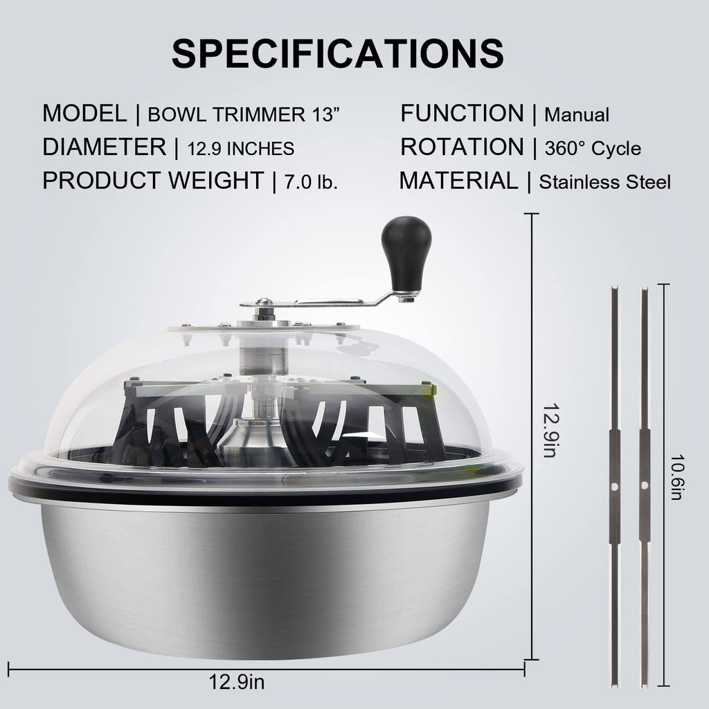 13 in Bud Leaf Bowl Trimmer, Bud Bowl Trimmer with Switchable Stainless Steel Blades & Clear Visibility Dome